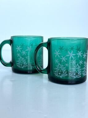 Vintage Made in USA Green Glass Christmas Holiday Mug Snowflake Christmas Tree